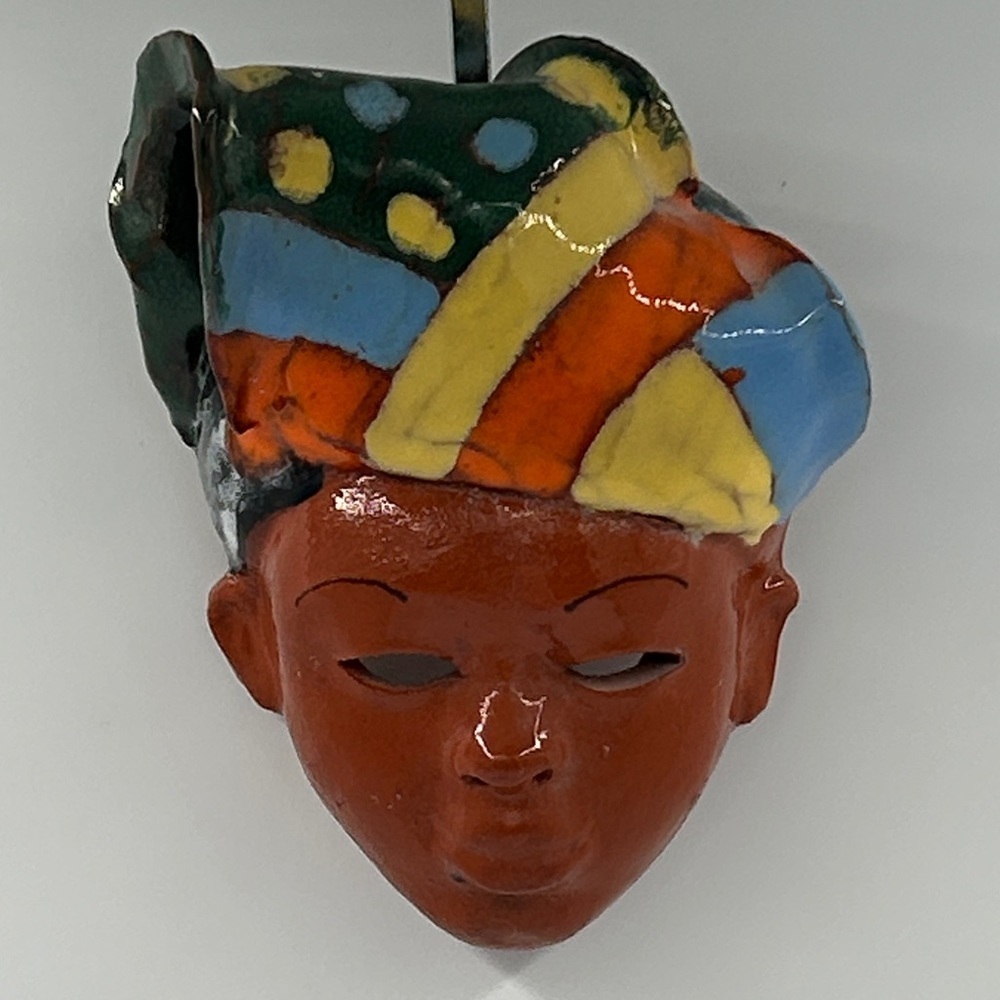 Handmade Haitian Women Clay Mask Handpainted Sculpted Colored Small Signed